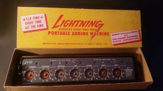 Antique Lightning Portable Adding Machine With Box And Paperwork