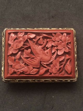 Antique Chinese Lacquer Carved Cinnabar Clip Brooch Pin Qing Long Gold Fields