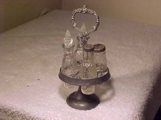 Eapg Antique Miniature Doll Size Pewter Castor Set 4 Glass Condiments