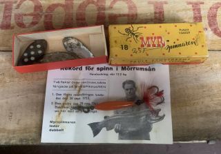 Rare Vtg 60s Myr Fishing Lure From Pauls Sportdepot Sweden Orig Box 3 Spoons Ex