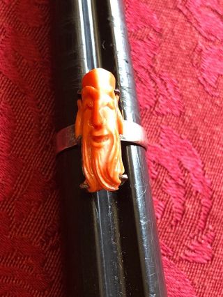 Vintage Carved Coral Guru Ring Beard Old Man Rare Silver Tone Size 7 Taoist