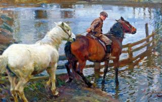 Sir Alfred Munnings,  Crossing The Ford,  Horse,  River,  Antique Deco,  Art