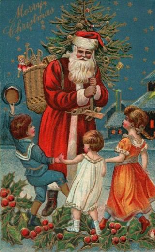 Santa Claus With Dancing Children Toys Antique Christmas Holiday Postcard - K981