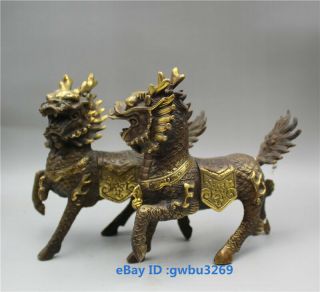 A Pair Chinese Bronze Gilded Hand - Carved Kirin Statues