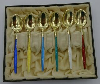 Boxed Set Of 6 Sterling Silver & Guilloche Enamel Coffee Spoons - David Andersen