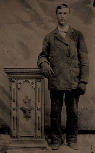 Old Vintage Antique Tintype Photo Tall Large Young Man W/ Warm Gloves By Podium