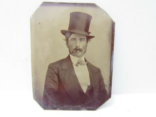 Small Antique Tintype Photo Man In Top Hat With Cigar In Mouth