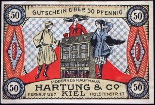 Kiel 1919 " Hartung Dept.  Store " Vintage Ladies Fashion Rare 50 Pf German Notgeld