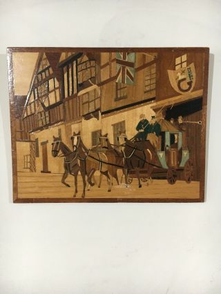 Marquetry Plaque Of A Horse - Drawn Coach/carriage