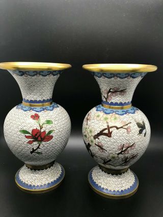 Antique Chinese Jingfa Cloisonne 7” Vases With Cherry Blossom & Birds