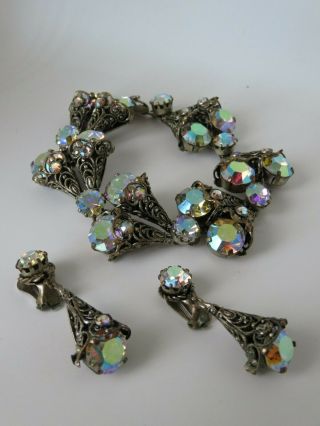 Antique Edwardian Filigree Bracelet & Earrings Set Czech Aurora Borealis Paste