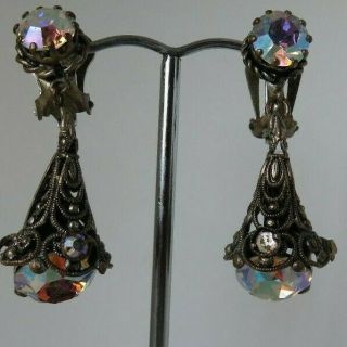 Antique Edwardian Filigree Bracelet & Earrings Set Czech Aurora Borealis Paste 3