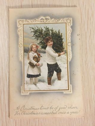 Children Carrying Tree In The Snow 1910 Antique Vintage Christmas Postcard
