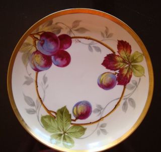 Antique Hand Painted Limoges Coiffe Signed " Golse " Plate,  Plums & Gold,  8 1/2 "