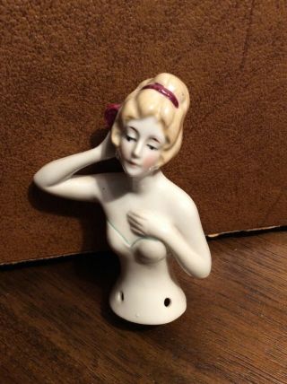 Antique Vintage 4” German Porcelain Half Doll Pin Cushion
