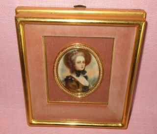 Antique 19th C Miniature French Oil Painting Portrait Woman Girl Signed Boucher