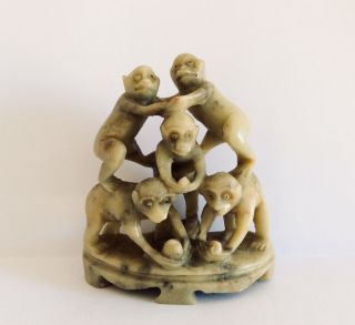 Antique Chinese Hand Carved Soapstone 5 Monkey Tree Pyramid