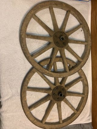 Two Antique German Wagon Wheels 18 1/2” Metal And Wood