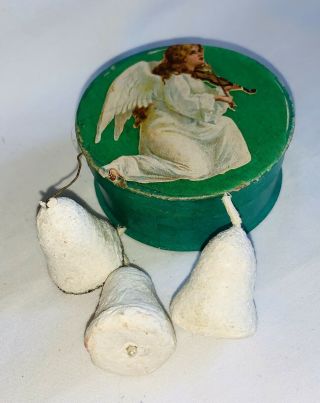 3 Antique German Spun Cotton Feather Tree Christmas Ornaments In Scrap Angel Box