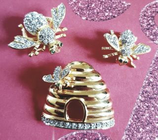 Rare Vintage Joan Rivers Gold Crystal Bumble Bee Hive Brooch 80s