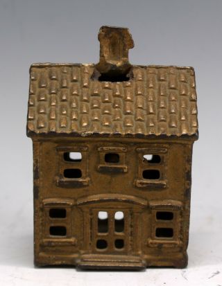 Antique Small Cast Iron Two Piece Still Coin Bank 2 Story House Building Usa