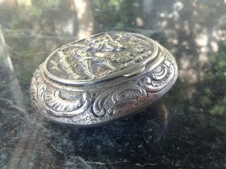 antique 800 SILVER SNUFF or pill box CASE repousse lovers on a swing 32 dwt 2