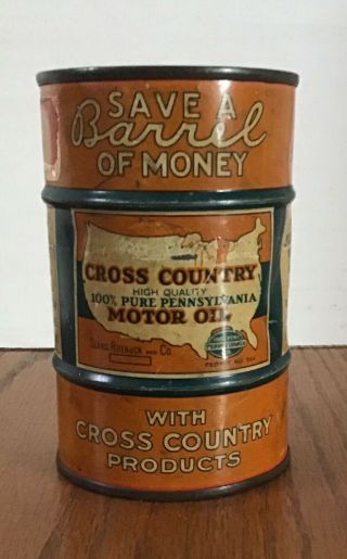 Rare 1930s Vintage Cross Country Motor Oil Old Sears Roebuck Tin Can Bank