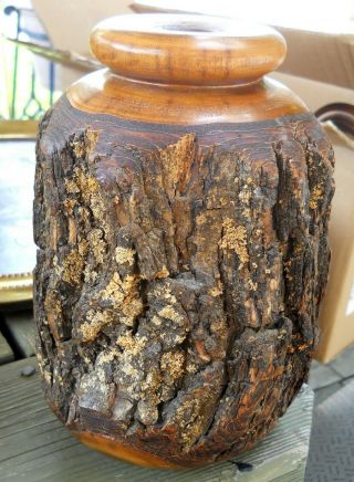 8 " Antique Carved Wood Bark Burled Turned Wood Folk Art Vase Artist Signed