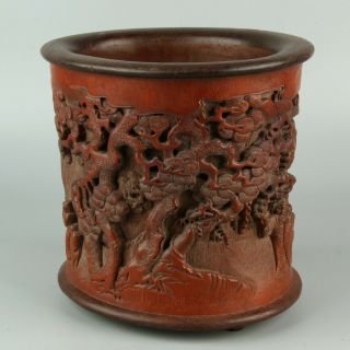 Chinese Exquisite Handmade Landscape People Carving Bamboo Brush Pot