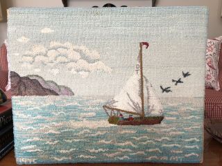 Wonderful Folky Vintage Hooked Rug With Sailboat/birds