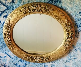 Antique Ornate Vintage Gold Gilt Wood Oval Wall Mirror