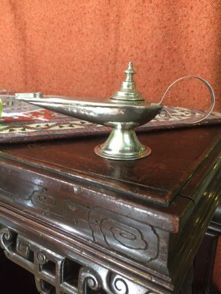 Stunning Antique Middle Eastern Engraved Silver Metal Oil Lamp