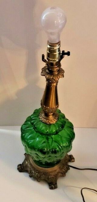 Antique Mid - Century Gold Lamp With Green Glass Accent