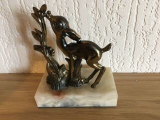 French Art Deco Spelter & Marble Bookend Young Deer Fawn.