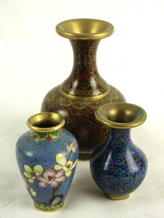Three Chinese Cloisonne Vase With Flowers Blue & Brown Ground China C1970