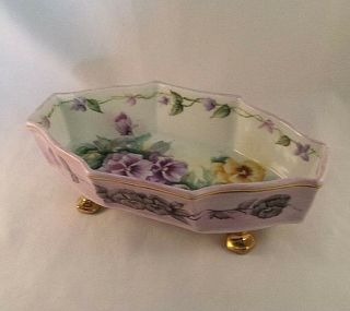 Antique Hand Painted Footed Bowl Purple Pansies With Gold Trim Signed By Artist