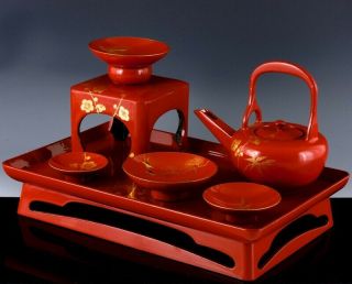 Very Fine Old Japanese Red Gold Lacquer Teapot Tray Dishes Bowls