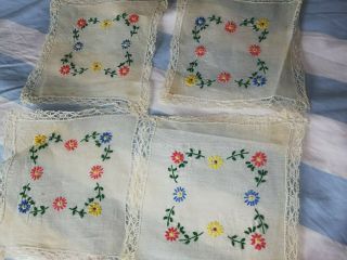 Set Of 6 Vintage Antique Embroidered Crochet Lace Edged Doilies Table Mats