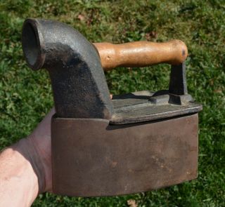 Rare Antique Coal Sad Cast Iron With Wood Handle 4