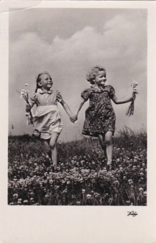 1950s Rare Happy Little Girls Run With Flowers Real Photo Old German Postcard