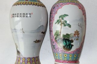 2 Chinese Vases Republic Famille Rose Verte Porcelain Pottery Signed Enameled