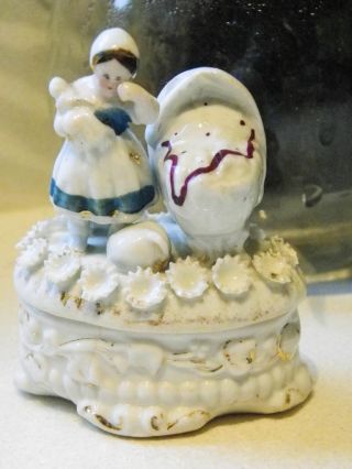 Antique German Porcelain Trinket Box - C.  1840 Little Girl With Her Doll & Pram