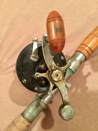 Vintage Penn No.  155 Conventional Fishing Reel,  Antique Wooden Rod