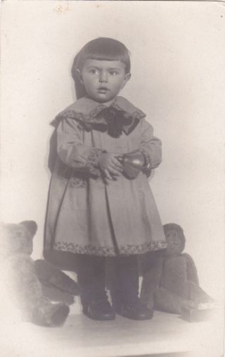 1934 Cute Little Girl With Toys Teddy Bear Monkey Fashion Russian Antique Photo