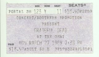 Rare Grateful Dead 3/27/89 Atlanta Ga The Omni Concert Ticket Stub