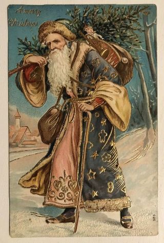 Rare Long Fancy Blue Robe Santa Claus Antique Embossed Christmas Postcard - M761