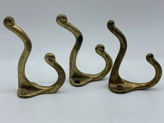 3 Vintage Brass Double Coat Hat Hooks 3” 1 1/2”