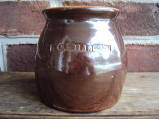 Antique Primitive Brown Glazed Stoneware Small Crock Stamped E.  C.  Milliken