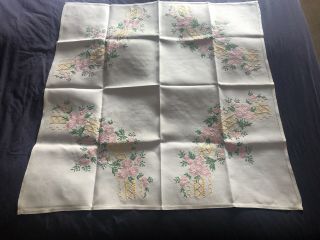 Sweet Vintage Floral Hand Embroidered Small Square Cream Irish Linen Tablecloth 2