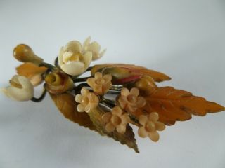 Antique,  Carved & Dyed Celluloid,  Autumnal Leaves & Flowers Brooch - 1910/20 ' s. 2